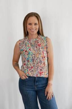 NEW LIME N CHILI graphic print ruffle mock neck sleeveless western top in lightt